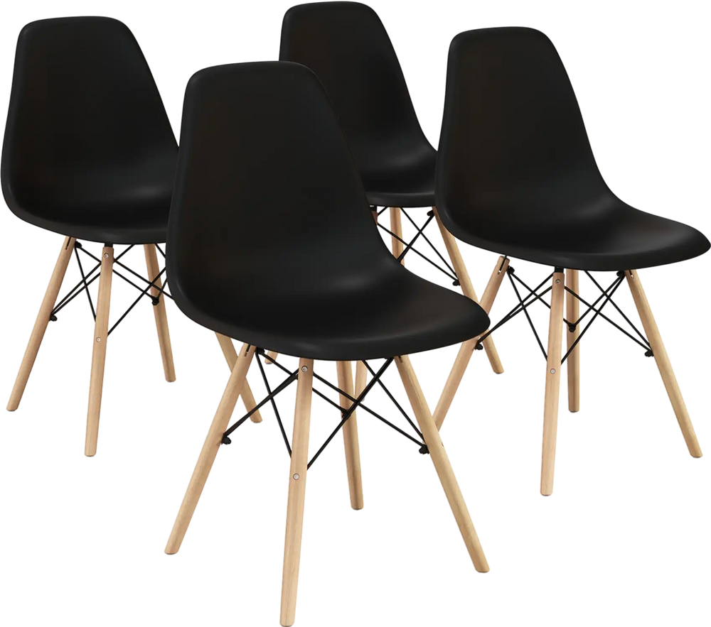Set of 4 modern black armless dining chairs with wood legs, ergonomic design for comfort, ideal for dining or office.