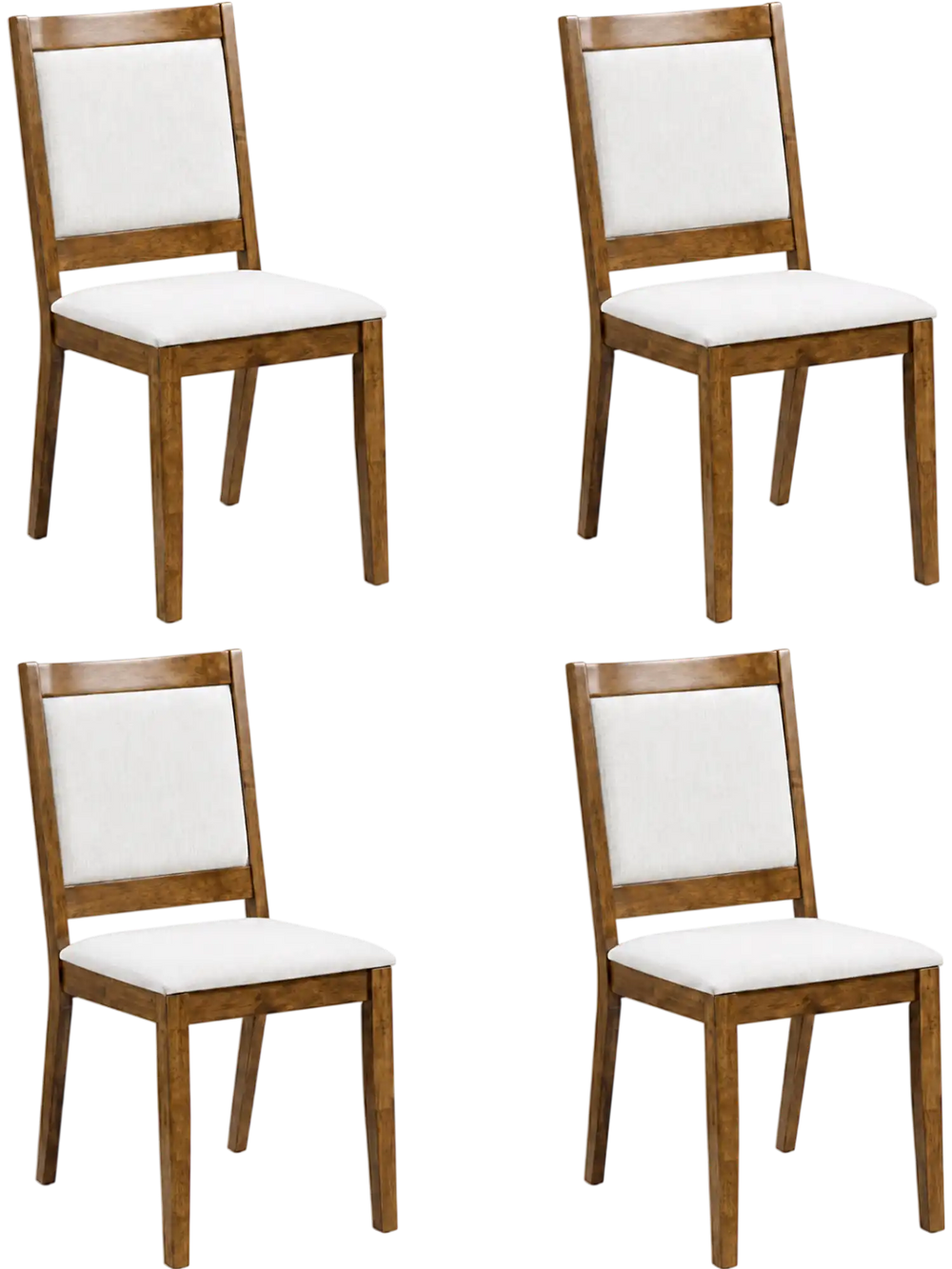 Set of 4 modern dining chairs with padded beige cushions and walnut wood frames, perfect for dining or living areas.