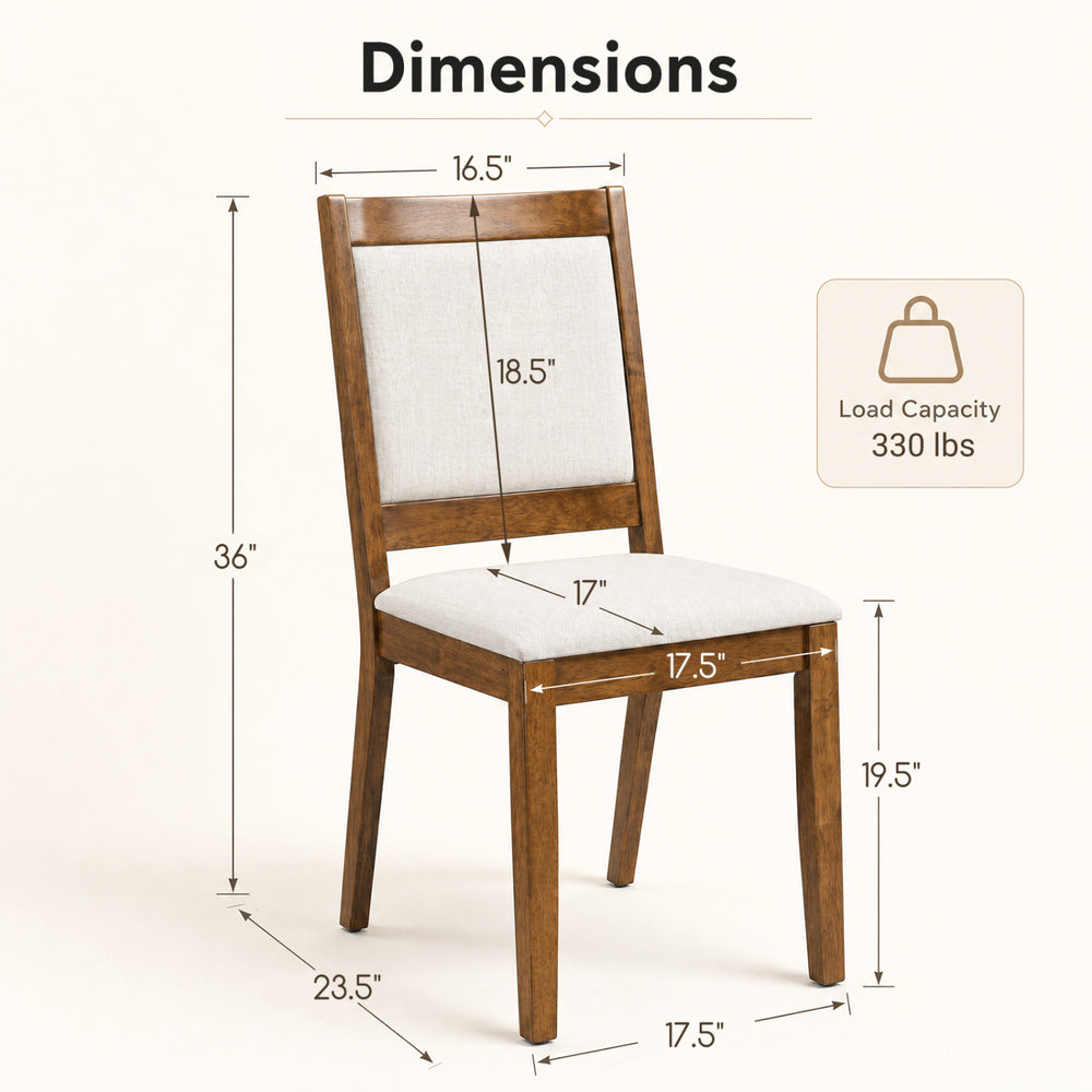 Modern dining chair with padded beige cushion, walnut frame, ergonomic design, and a load capacity of 330 lbs.