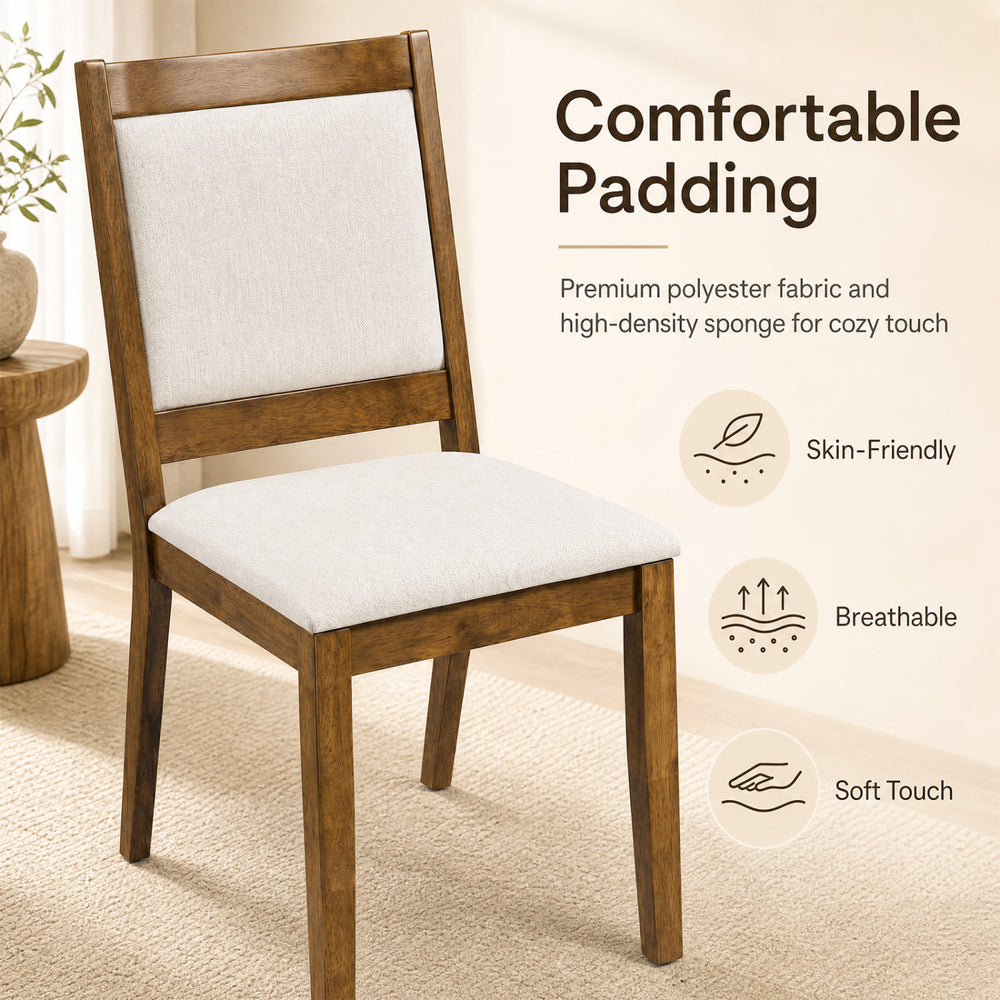 Modern dining chair with padded beige cushion and walnut frame, offering comfort and elegance for any dining area.