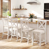 Set of 4 white counter height stools with slatted back and linen cushions, perfect for dining rooms and cafes.