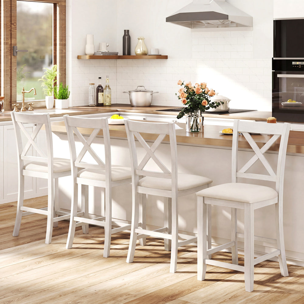 Set of 4 white counter height stools with slatted back and linen cushions, perfect for dining rooms and cafes.