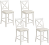 Set of 4 white counter height stools with slatted back, linen cushions, and footrest, ideal for dining and cafes.