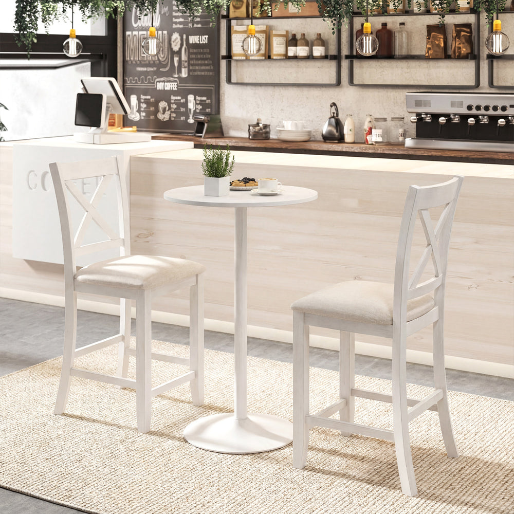 Modern farmhouse counter height stools in white with linen cushions, perfect for dining rooms and cafes.