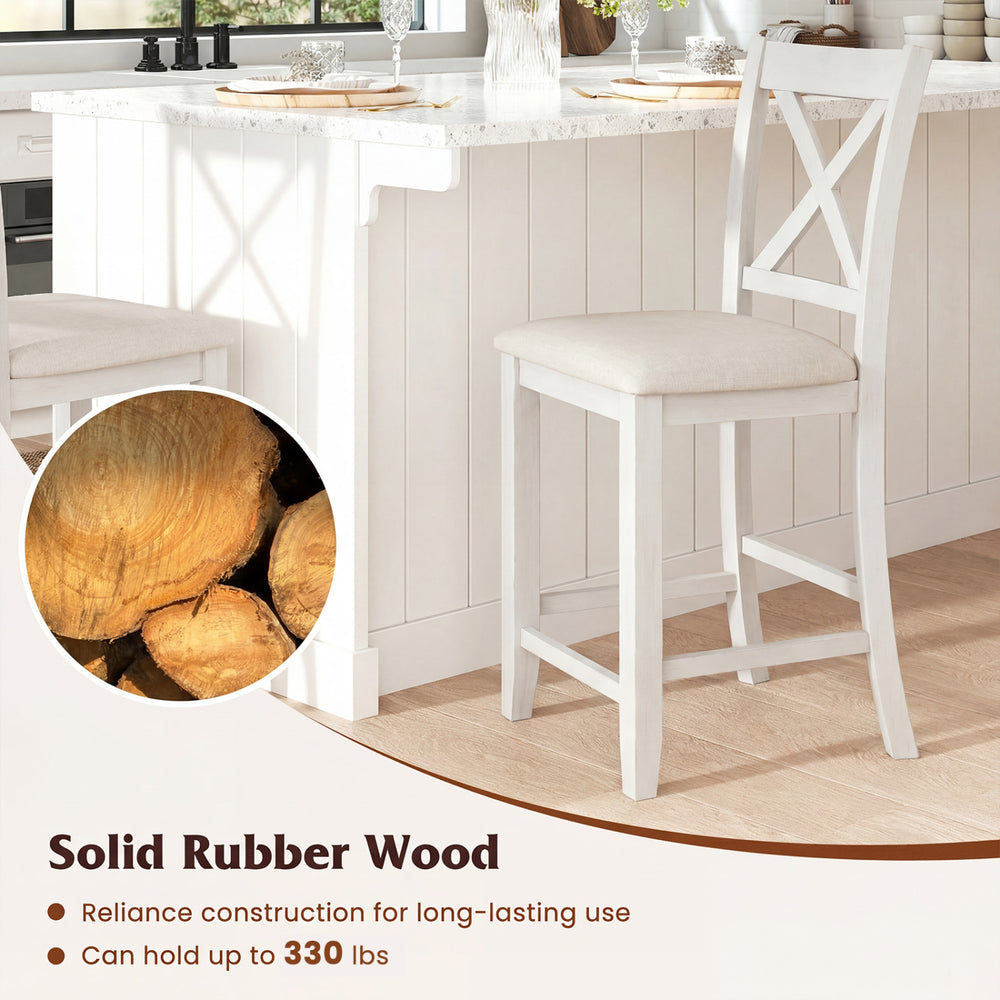 Counter height stool made from solid rubber wood with a linen cushion, designed for comfort and support up to 330 lbs.