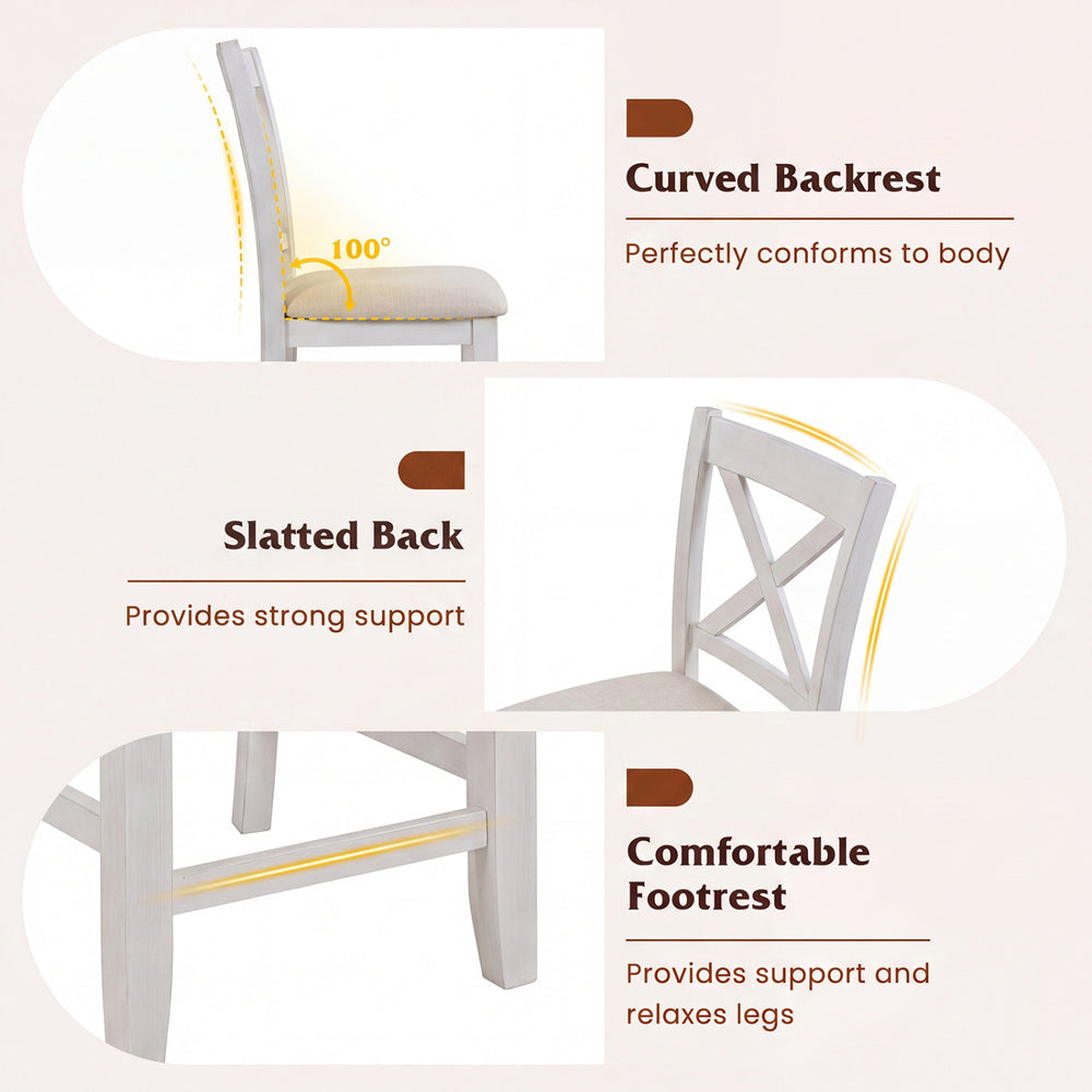 Curved backrest and slatted back of a modern farmhouse counter height stool, providing ergonomic support and comfort.