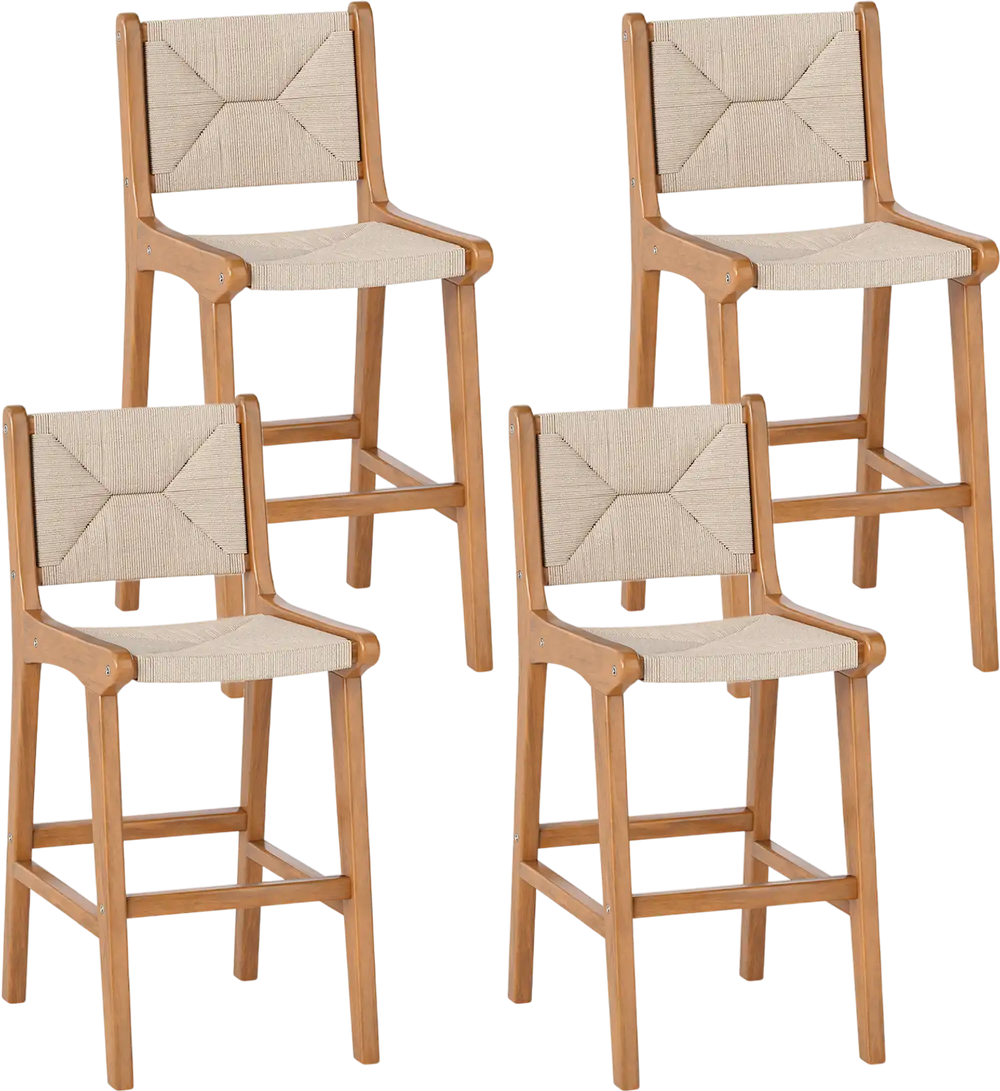 Set of 4 Outdoor Counter Height Bar Stool Woven Paper Rope Patio Barstool with Teak Wood Frame