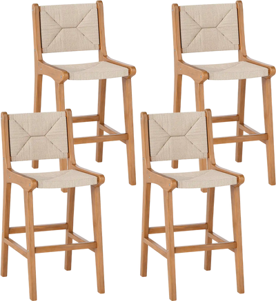 Costway Outdoor Counter Height Patio Bar Stools Woven Rope Teak Wood Set of 4 83072248 New