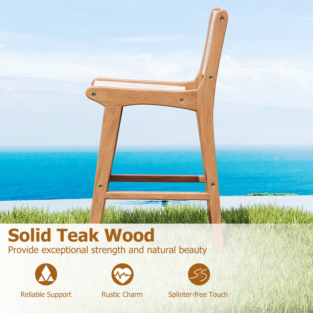 Side view of a solid teak wood outdoor counter height bar stool with woven paper rope for patio and garden use.