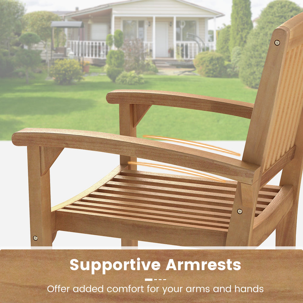 Curved armrest detail of a set of 4 outdoor patio chairs made of Indonesian teak wood for comfort and durability.