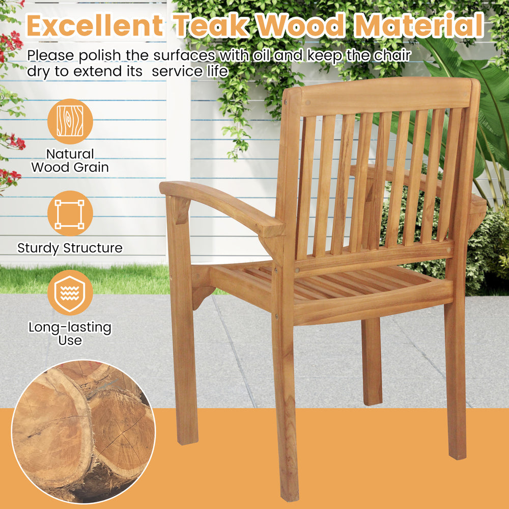 Teak wood outdoor patio chair with slatted seat, sturdy structure, and ergonomic armrests for comfortable seating.