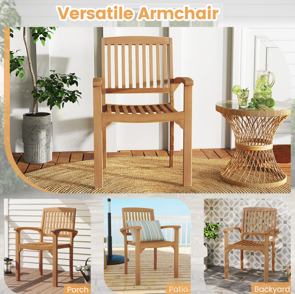 Versatile armchair made of Indonesian teak wood, featuring a slatted seat and ergonomic design, perfect for outdoor.