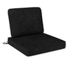 Black outdoor patio cushion set featuring a large seat cushion and back pillow, crafted from breathable, fade-resistant.