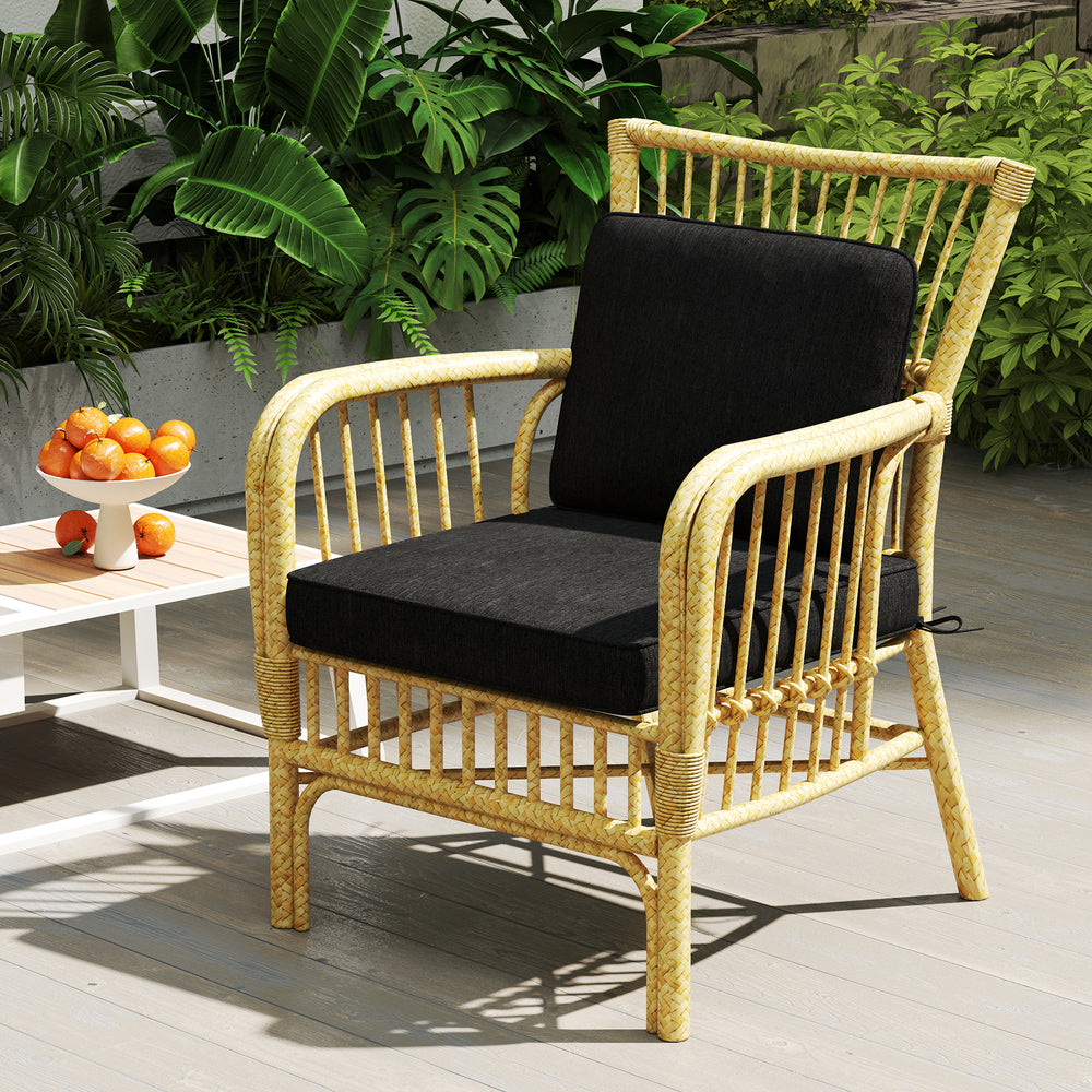 Single outdoor chair with a black cushion set, crafted from breathable olefin fabric for comfortable patio relaxation.