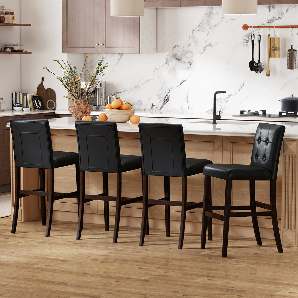 Set of 4 PVC leather bar stools with solid wood legs, featuring a comfortable upholstered seat, ideal for kitchens and.