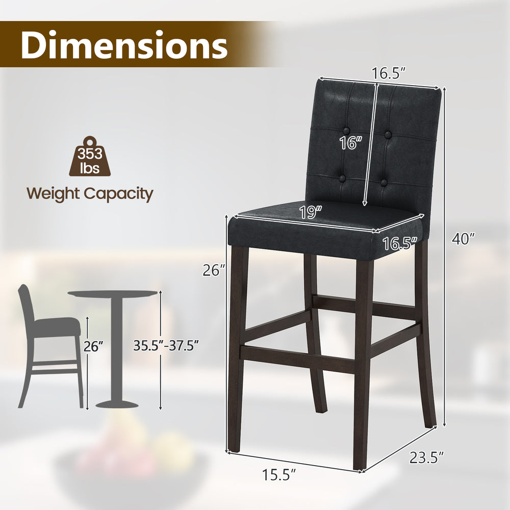 Dimensions of a PVC leather bar stool with solid wood legs, featuring a 24-inch height and 353 lbs weight capacity.