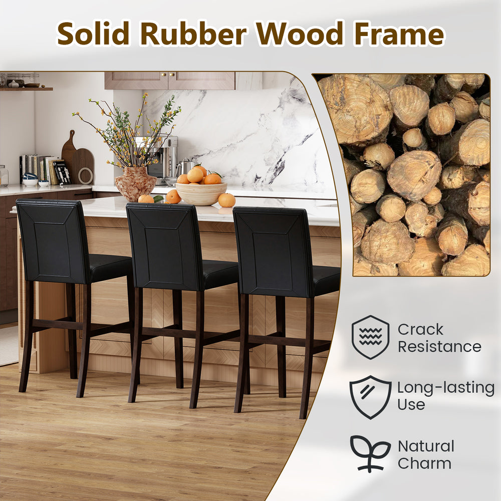 Set of 4 PVC leather bar stools with solid rubber wood legs, featuring a sleek design for kitchen or bar use.
