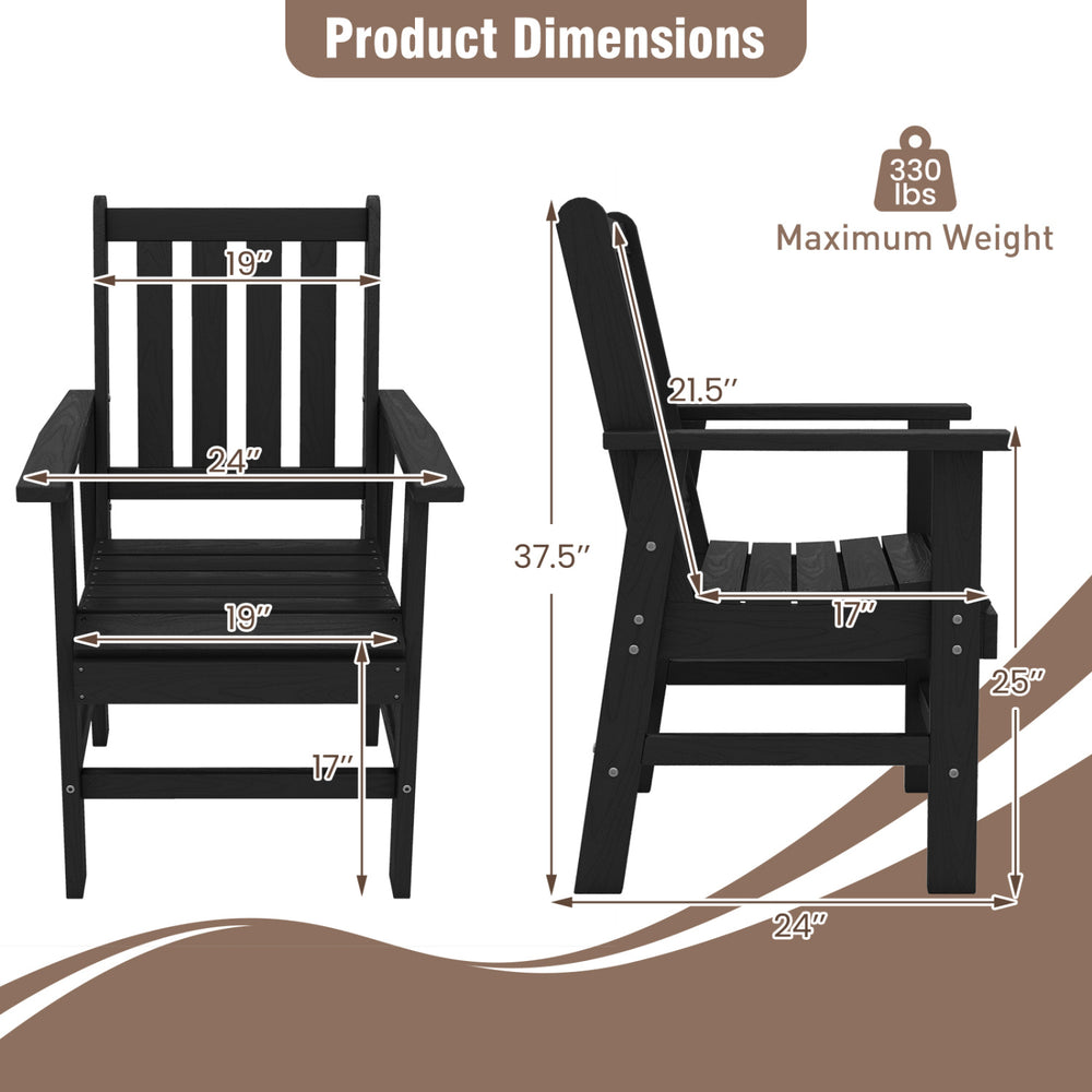 Dimensions of a black patio dining chair with wide armrests, made of HDPE, supporting up to 330 lbs for outdoor use.