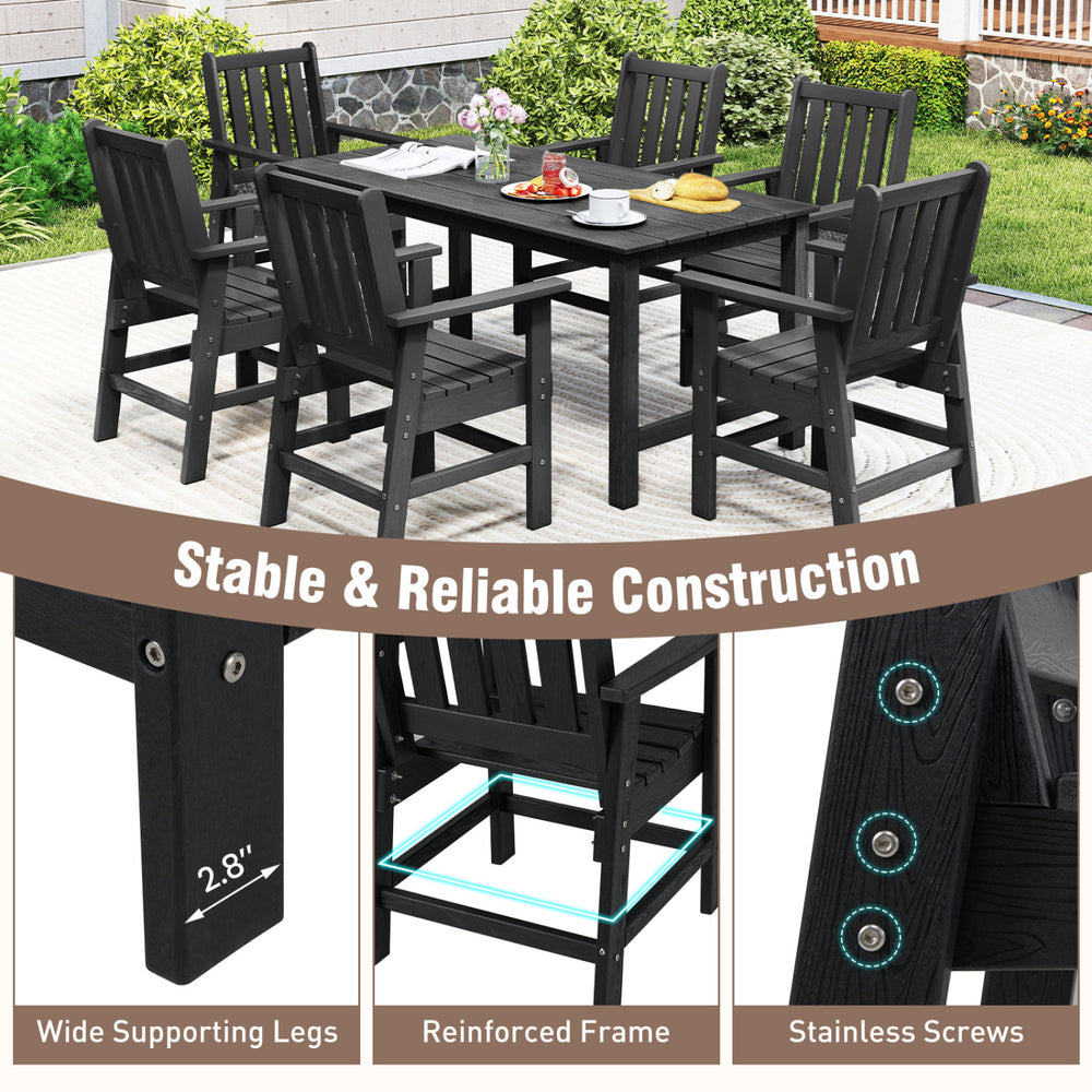 Set of 4 black patio dining chairs with wide armrests, featuring a reinforced frame and slatted seats for outdoor use.