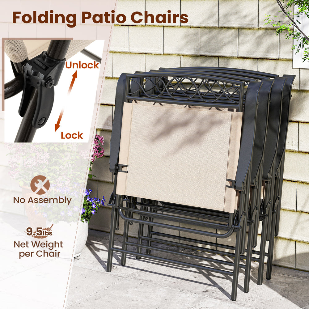 Stacked set of 4 beige patio folding chairs with armrests, featuring a lightweight design for easy storage and.