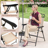 Patio folding chair with 105° inclined backrest, wide 20"W x 17"D seat, and curved armrests for ergonomic comfort.