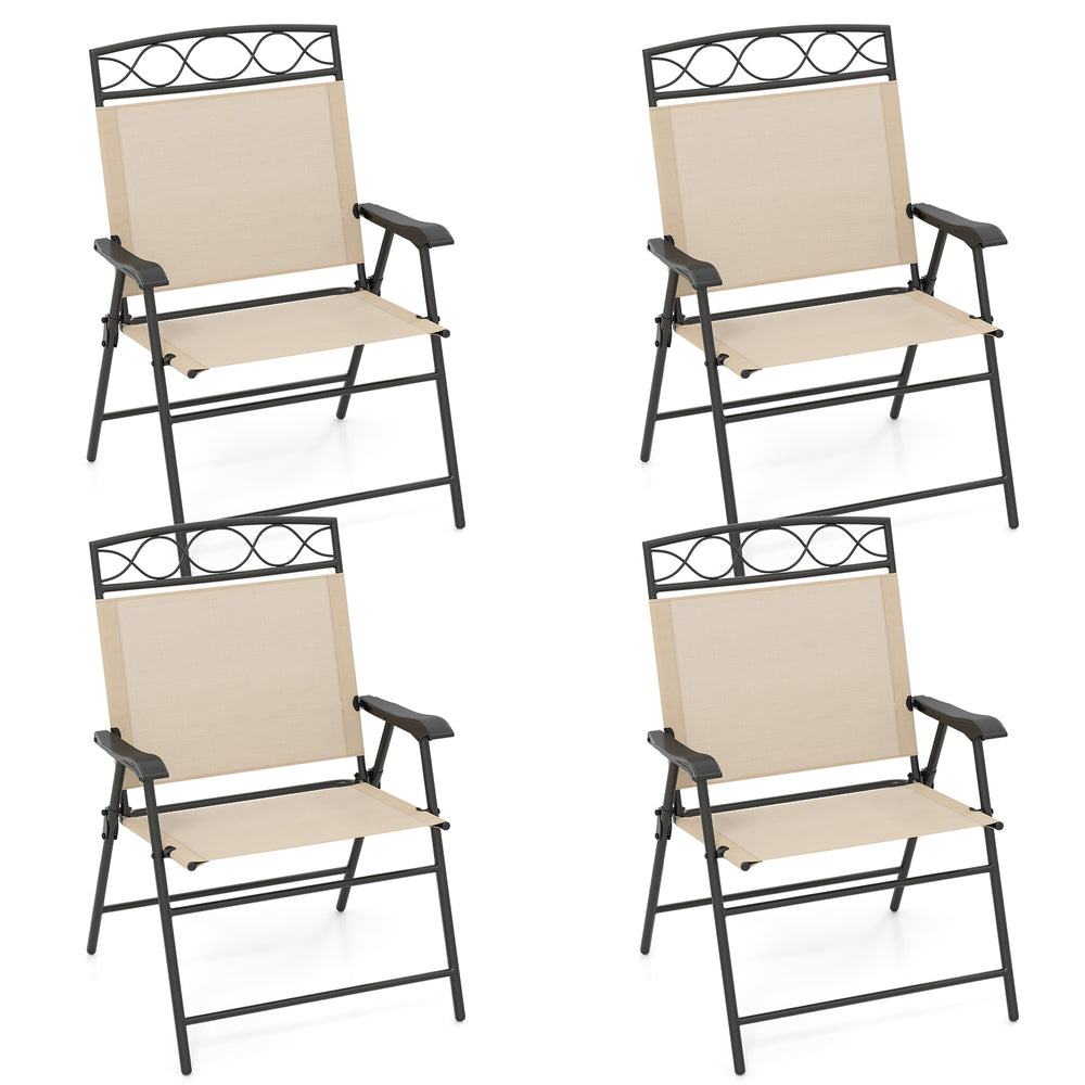Set of 4 beige patio folding chairs with armrests, featuring sturdy metal construction for outdoor relaxation.