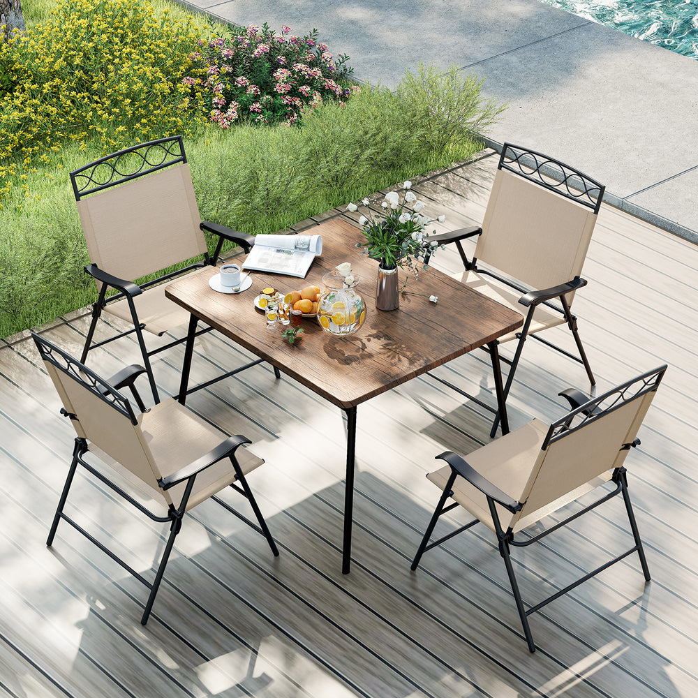 Top view of a patio dining setup featuring a table and four beige folding chairs, perfect for outdoor gatherings.