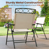 Patio folding chair with armrests in beige, featuring sturdy metal construction and ergonomic design for outdoor.