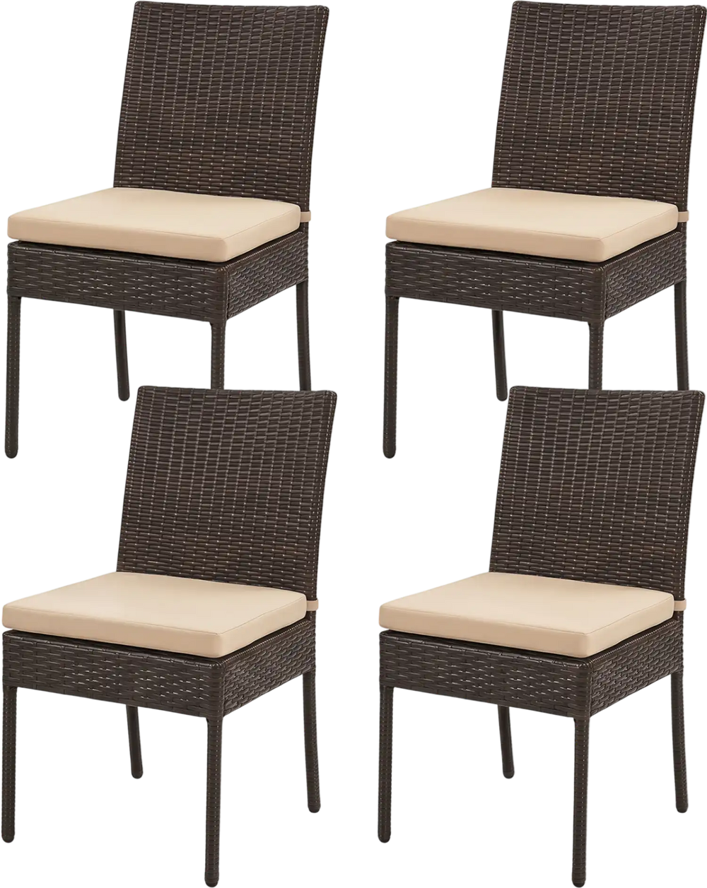 Set of 4 brown patio rattan wicker dining chairs with soft, removable cushions for comfortable outdoor seating.