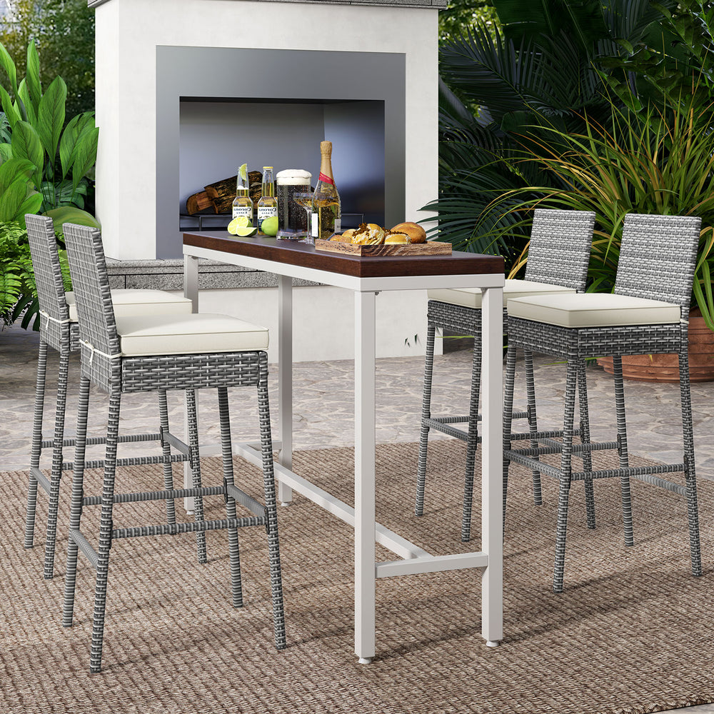 Set of 4 patio wicker barstools with soft cushions and footrests, ideal for backyard or poolside gatherings.