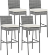 Set of 4 patio wicker barstools with soft seat cushions, 30" height, ideal for backyard or poolside use.