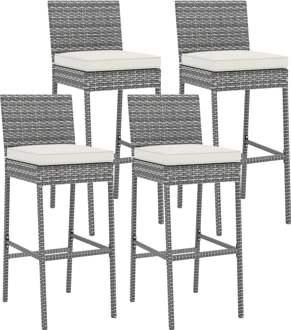Set of 4 patio wicker barstools with soft seat cushions, 30" height, ideal for backyard or poolside use.