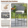 Patio wicker barstool with soft seat cushion, cozy footrest, and fixing ties, perfect for backyard or poolside use.