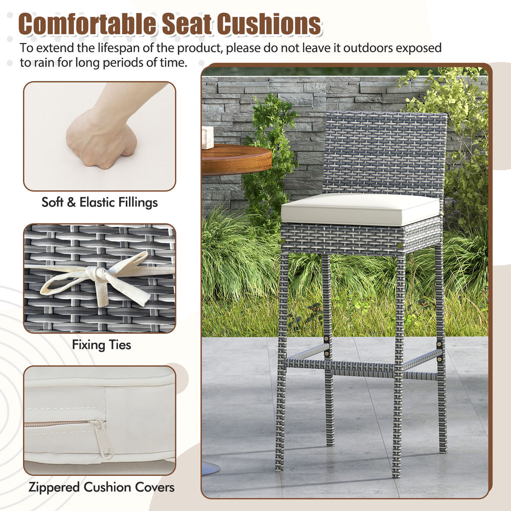 Patio wicker barstool with soft seat cushion, cozy footrest, and fixing ties, perfect for backyard or poolside use.