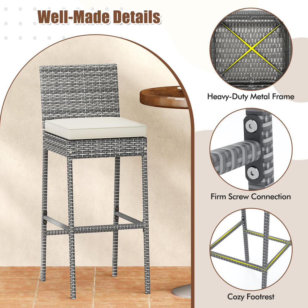 Barstool with soft seat cushion, cozy footrest, and durable hand-woven PE rattan for outdoor patio use.