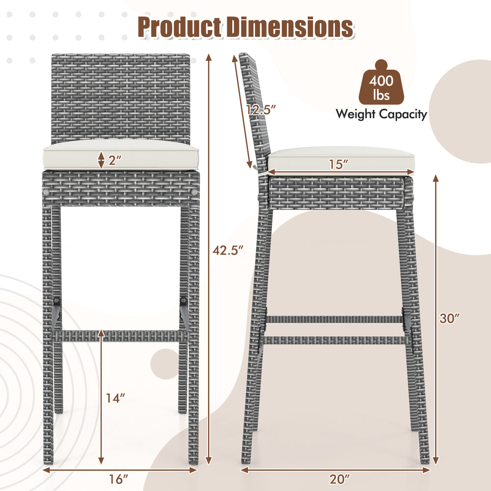 Patio wicker barstool dimensions with soft seat cushion, 30" height, and cozy footrest for backyard or poolside use.