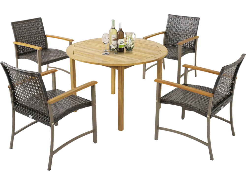 Round dining table with four patio rattan chairs, featuring acacia wood armrests, perfect for outdoor gatherings.