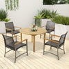 Set of 4 patio rattan dining chairs with acacia wood armrests, featuring breathable design and sturdy metal frame for.