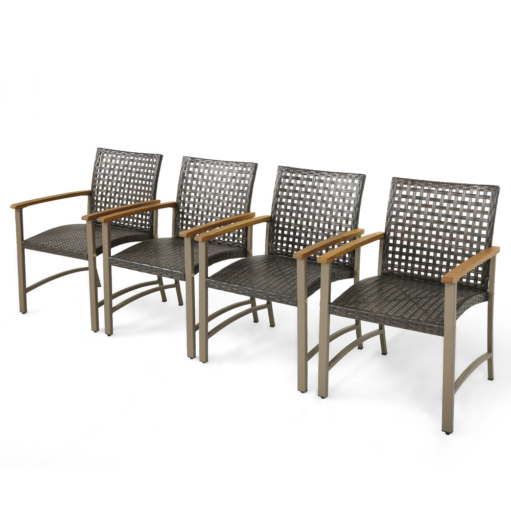 Set of 4 patio rattan dining chairs with acacia wood armrests, featuring a breathable design for outdoor relaxation.