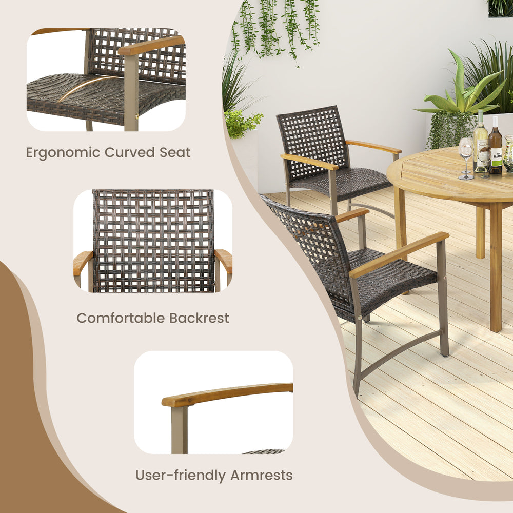 Set of 4 patio rattan dining chairs with acacia wood armrests, featuring ergonomic curved seats and comfortable.