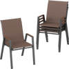 Single stackable patio chair with high back, brown fabric, and sturdy metal frame, perfect for outdoor dining comfort.