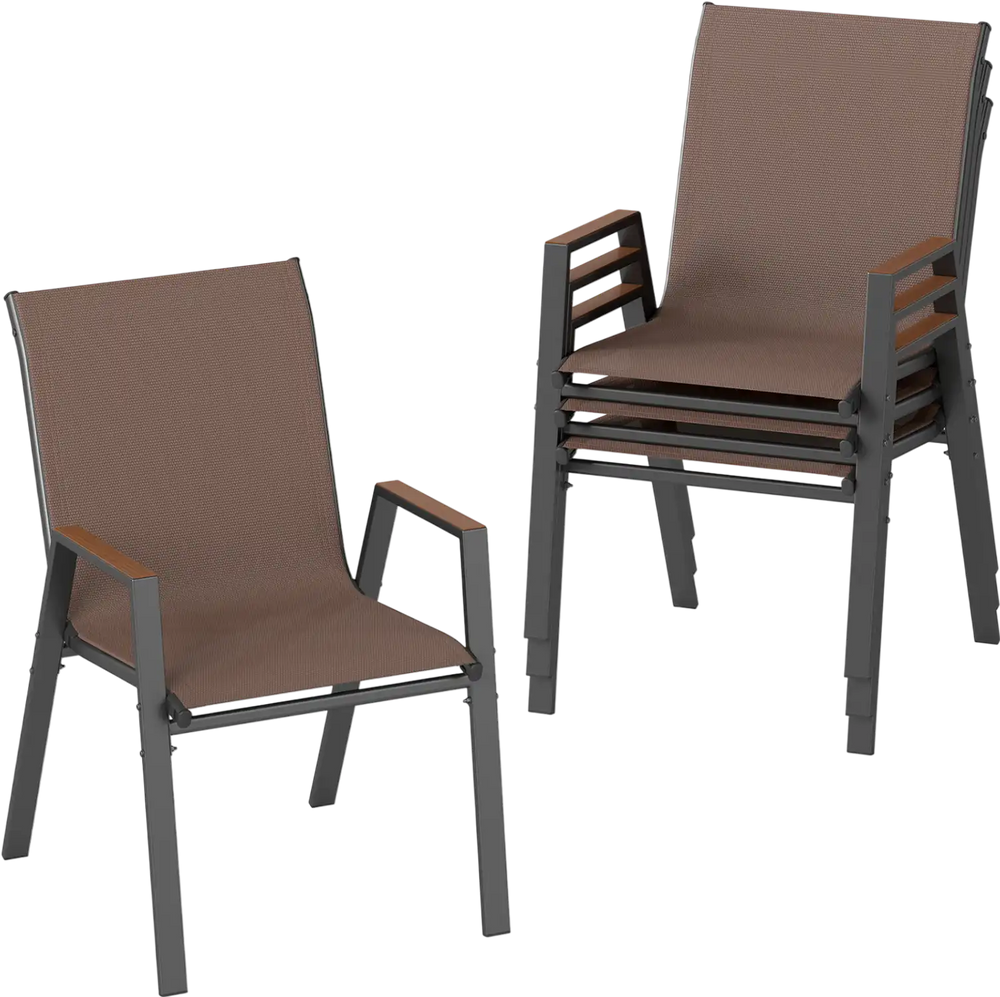 Single stackable patio chair with high back, brown fabric, and sturdy metal frame, perfect for outdoor dining comfort.