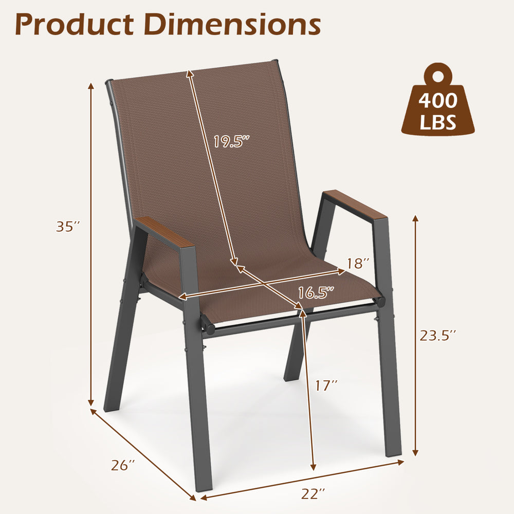 Stackable patio chair with high back, brown fabric, and metal frame, supports up to 400 lbs for outdoor relaxation.