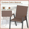 Stackable patio chair with high back in brown, featuring breathable fabric and wood-plastic armrests for outdoor comfort.