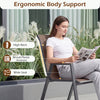 Stackable patio chair with high back, wood-plastic armrests, and wide seat, designed for outdoor relaxation and support.