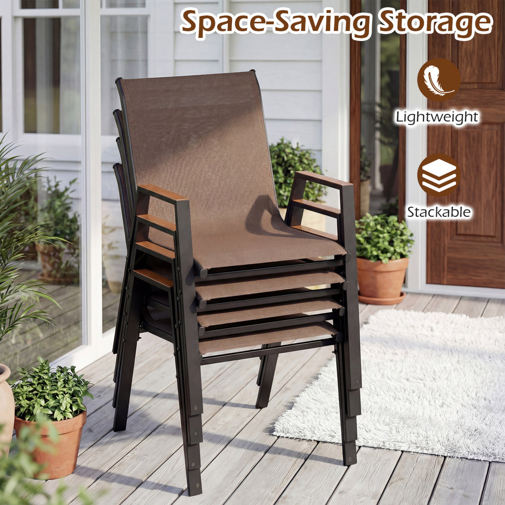 Stackable patio chairs with high backs in brown, featuring breathable fabric and sturdy metal frames for outdoor relaxation.