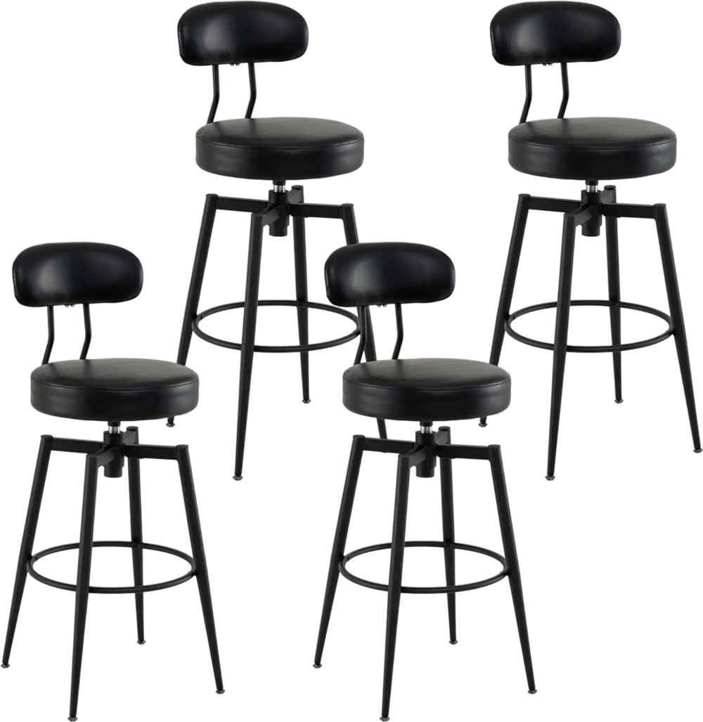 Set of 4 black swivel barstools with padded seats and backs, ideal for kitchens or pubs, featuring a sturdy metal frame.