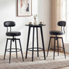 Set of two black swivel barstools with padded seats and curved backrests, ideal for modern kitchens or pubs.