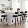 Set of 4 black swivel barstools with padded seats and backs, ideal for modern kitchens or pubs.
