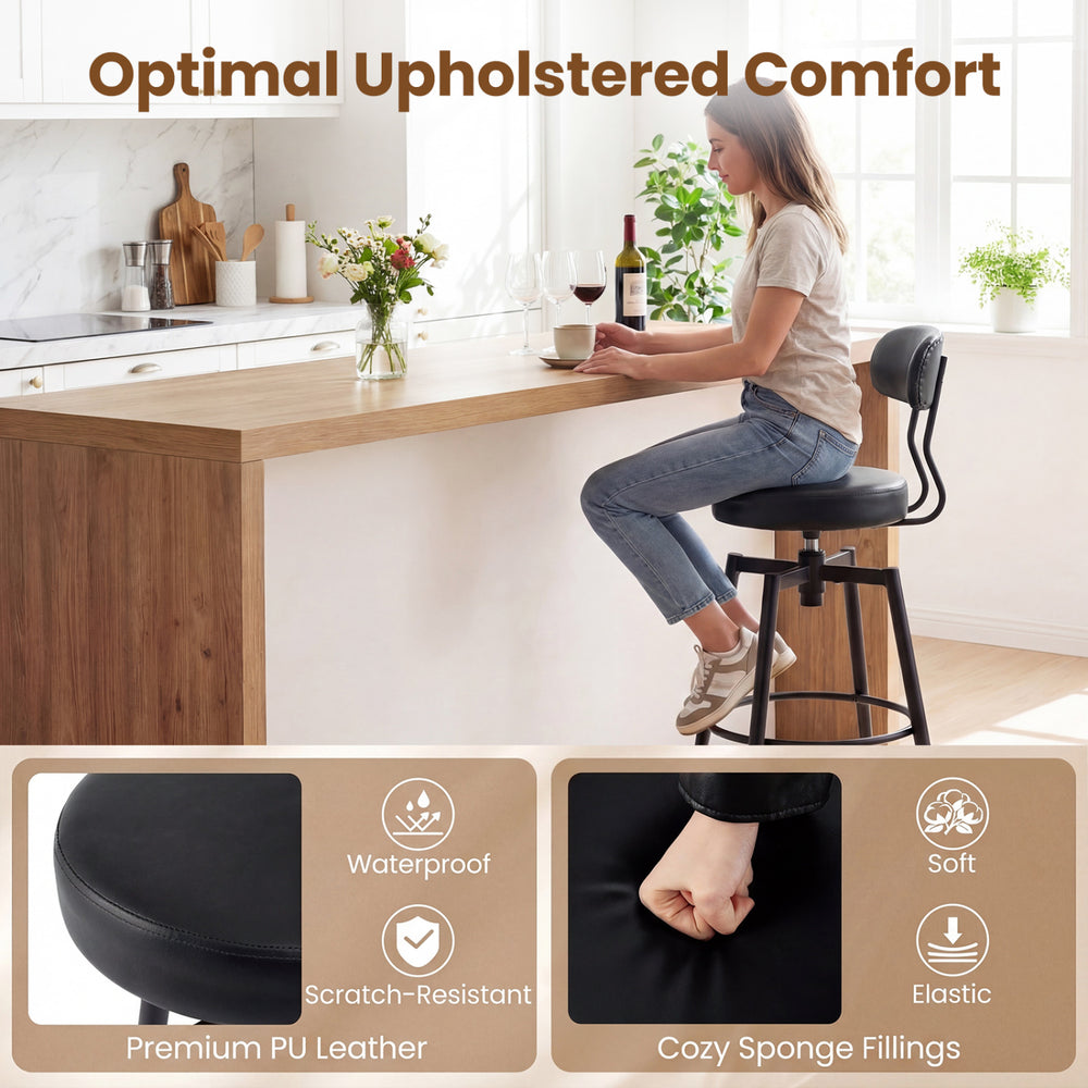 Black swivel barstool with padded seat and backrest, featuring waterproof PU leather for easy cleaning and comfort.